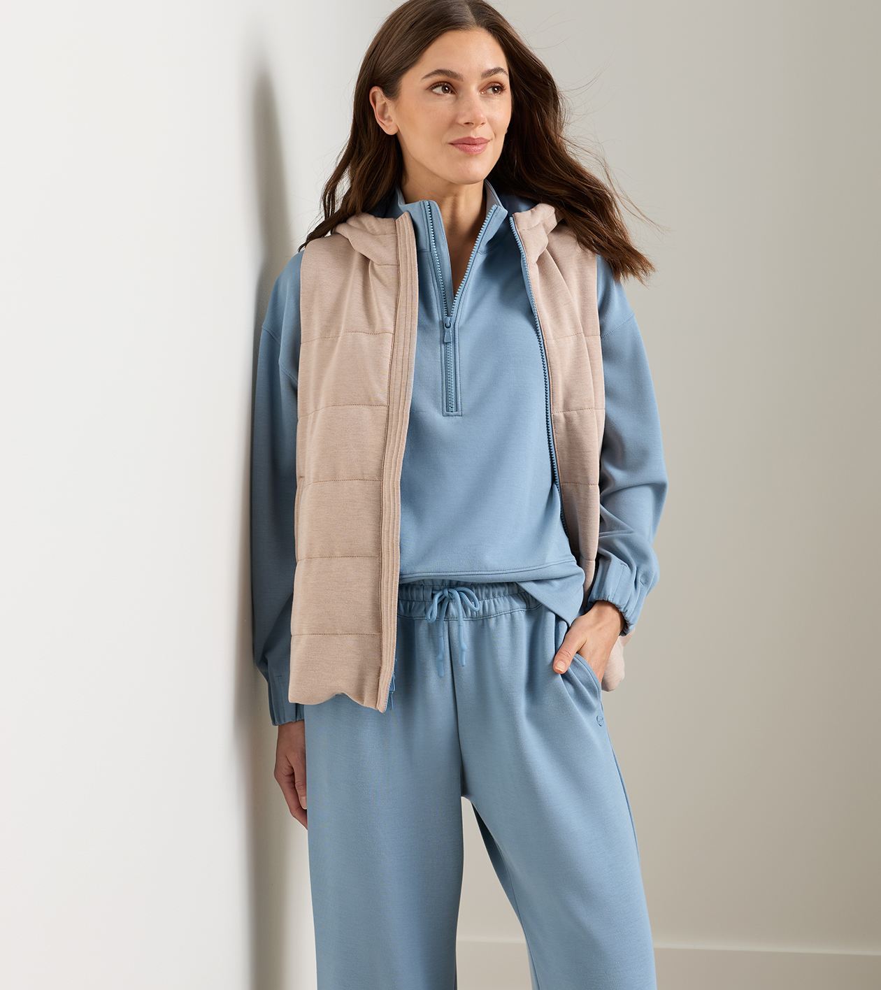 Flora Reversible Vest With Hood in CAMEL/RAINWATER 3 Flora Reversible Vest With Hood in CAMEL/RAINWATER