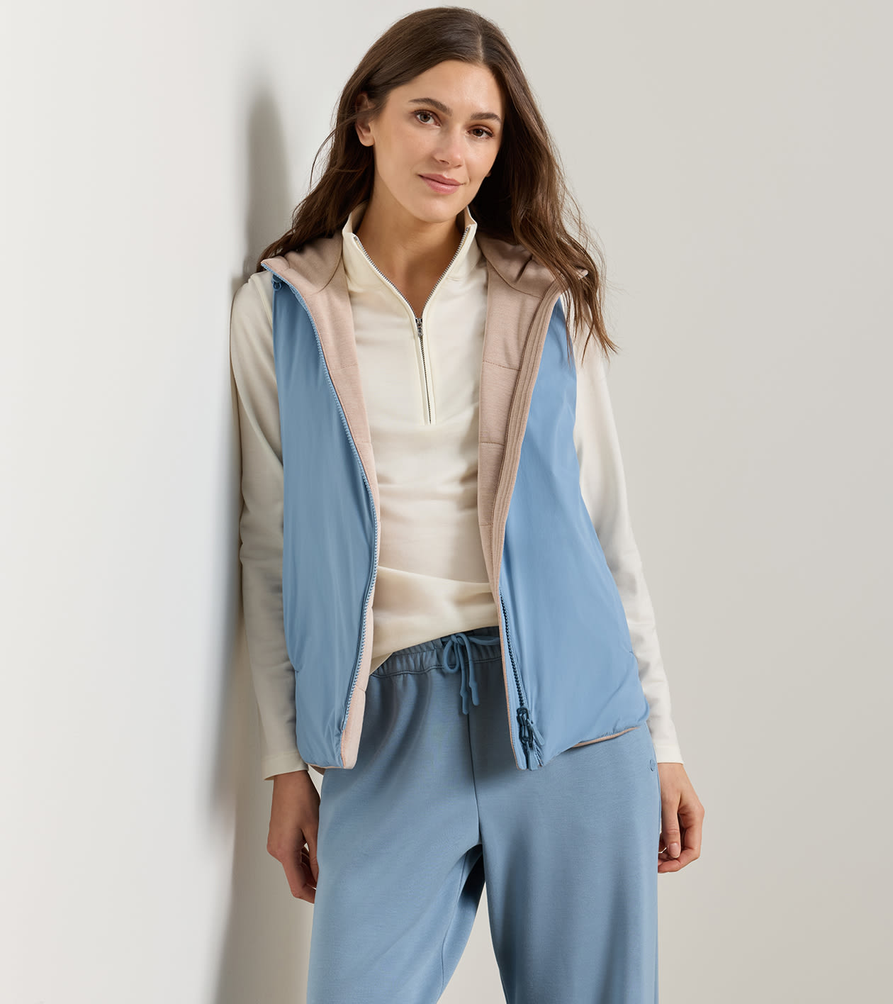 Flora Reversible Vest With Hood in CAMEL/RAINWATER 7 Flora Reversible Vest With Hood in CAMEL/RAINWATER