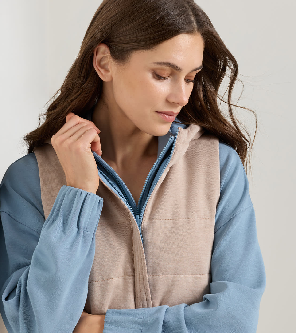Flora Reversible Vest With Hood in CAMEL/RAINWATER 8 Flora Reversible Vest With Hood in CAMEL/RAINWATER