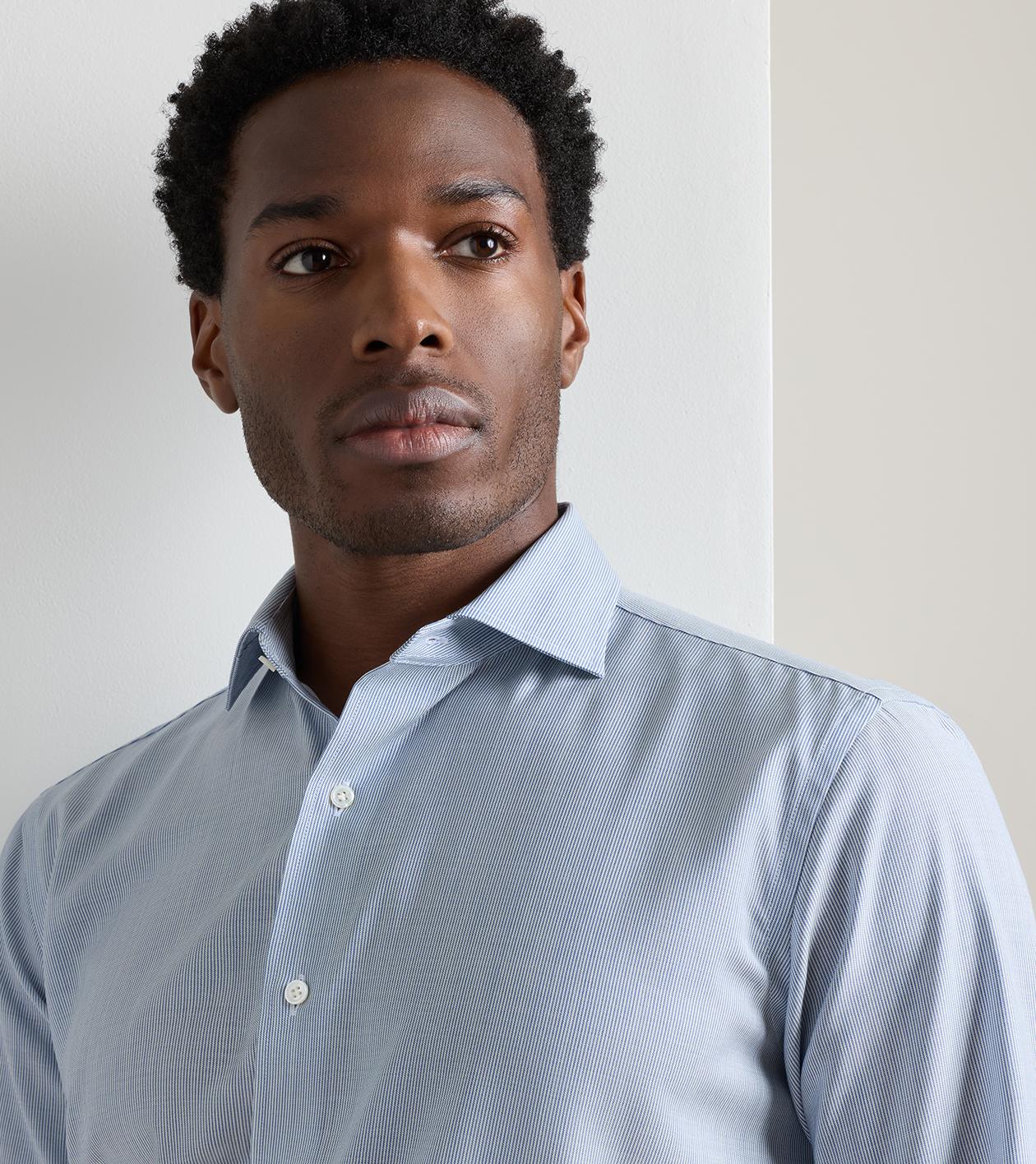 Micro Poplin Stripe Sport Shirt in Navy 4 Micro Poplin Stripe Sport Shirt in Navy