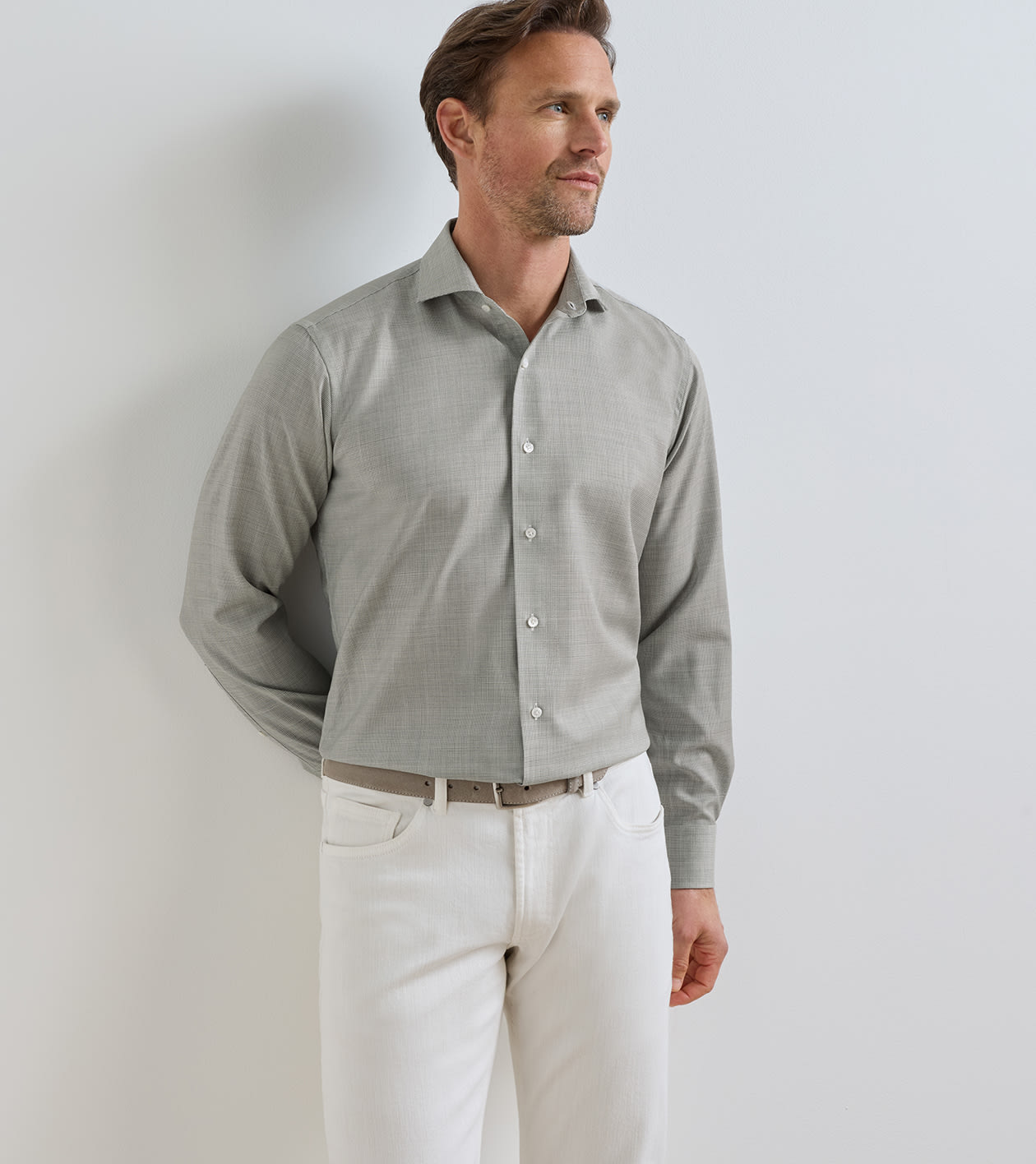 Micro Poplin Houndstooth Sport Shirt in SILVER STRAND 2 Micro Poplin Houndstooth Sport Shirt in SILVER STRAND