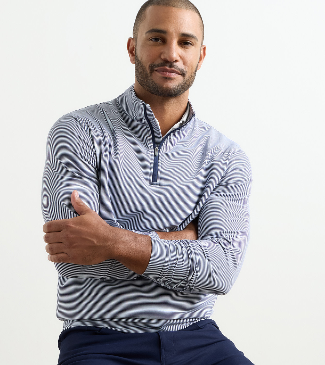 Perth Sugar Stripe Performance Quarter-Zip in Navy/White 2 Perth Sugar Stripe Performance Quarter-Zip in Navy/White